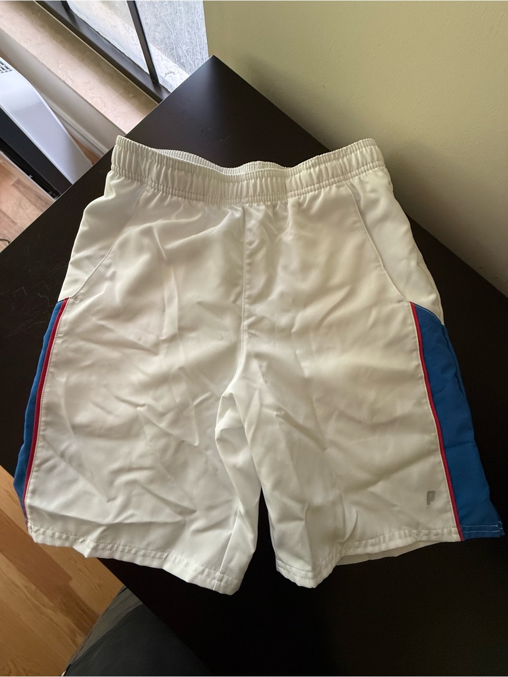 Prince White Athletic Shorts with Blue Panels and Red Trim